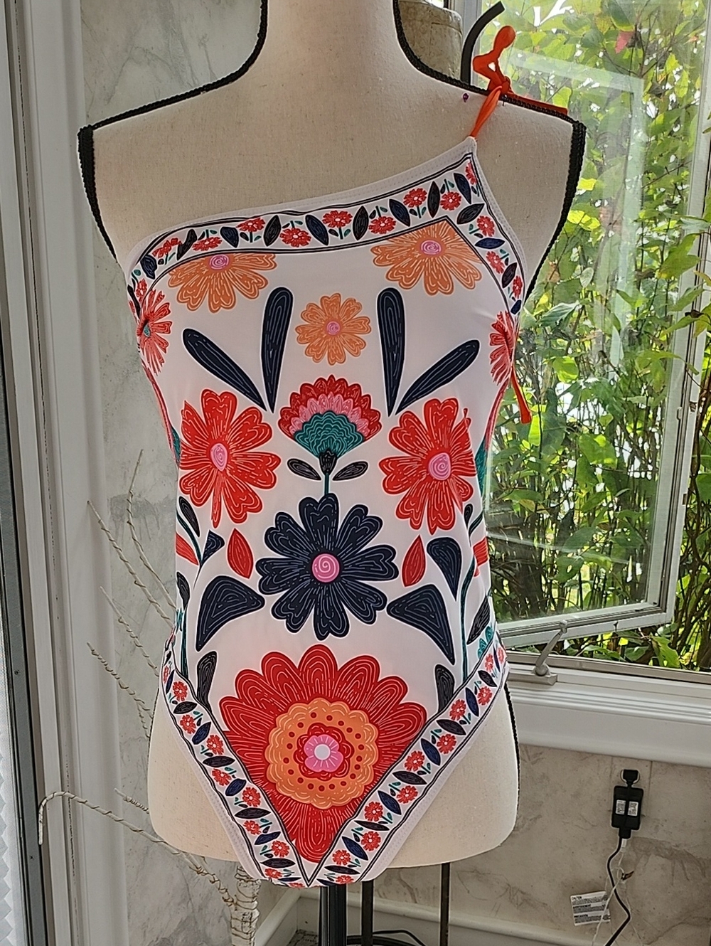 Floral One-Shoulder Women’s Swim Bodysuit in White with Red & Navy Accents